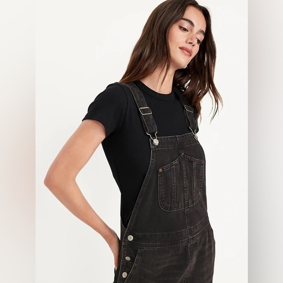Old Navy Black Slouchy Straight Ankle Jean Overalls Size 14 Petite - Picture 2 of 15
